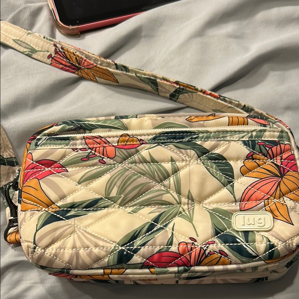 Lug Cream and Green Quilted Crossbody Bag with Tropical Flair